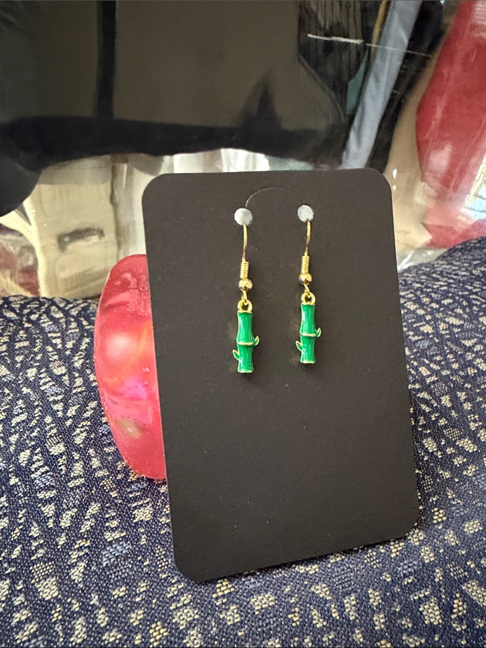 Gold-Tone Green Bamboo Drop Earrings